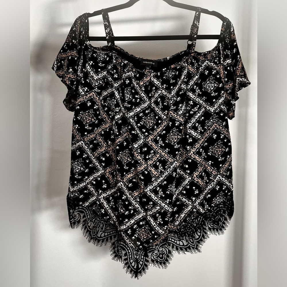 Warehouse Black and White Patterned Lace Blouse